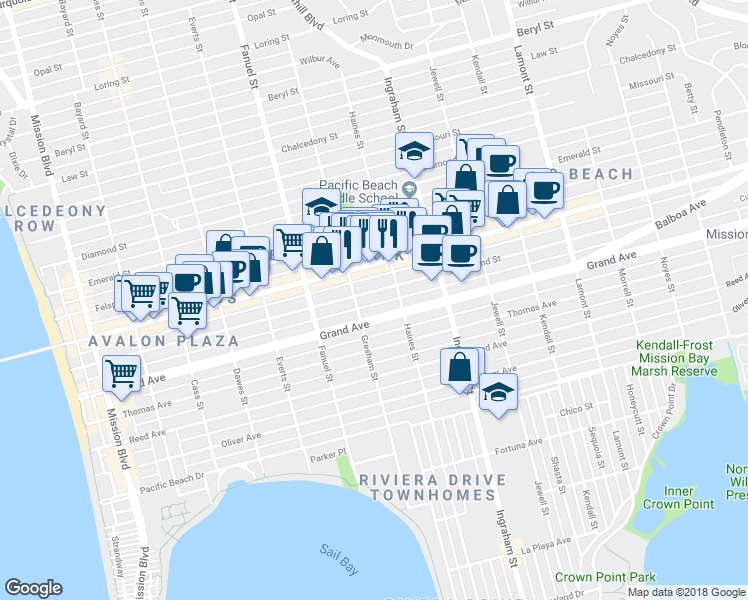 map of restaurants, bars, coffee shops, grocery stores, and more near 1438 Hornblend Street in San Diego