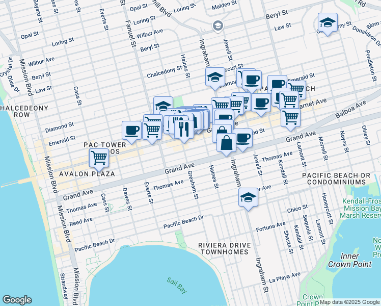map of restaurants, bars, coffee shops, grocery stores, and more near 1419 Hornblend Street in San Diego