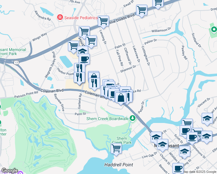 map of restaurants, bars, coffee shops, grocery stores, and more near 1043 Provincial Circle in Mount Pleasant
