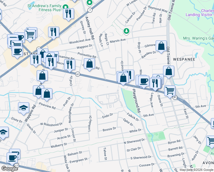 map of restaurants, bars, coffee shops, grocery stores, and more near 1427 Ashley River Road in Charleston