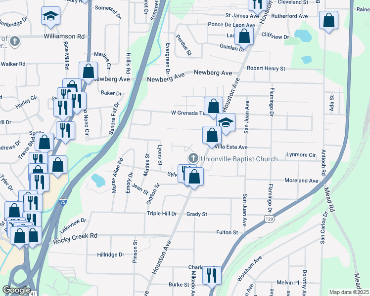 map of restaurants, bars, coffee shops, grocery stores, and more near 3775 Houston Avenue in Macon