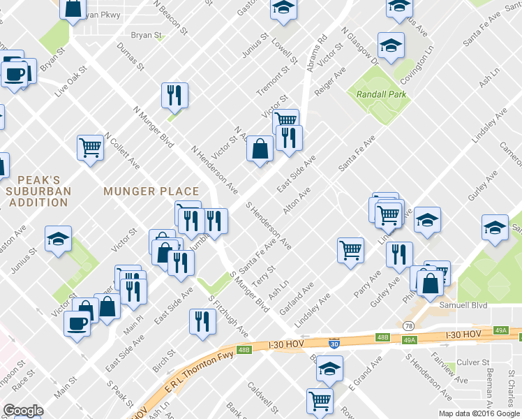 map of restaurants, bars, coffee shops, grocery stores, and more near 5221 Eastside Avenue in Dallas