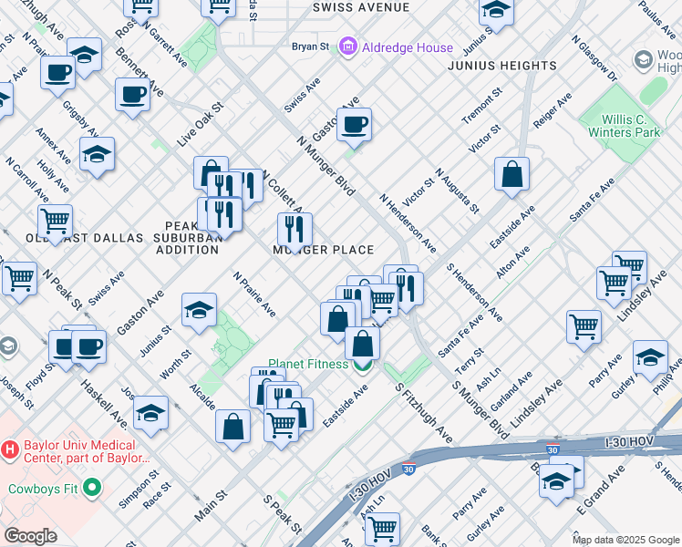 map of restaurants, bars, coffee shops, grocery stores, and more near 4920 Victor Street in Dallas