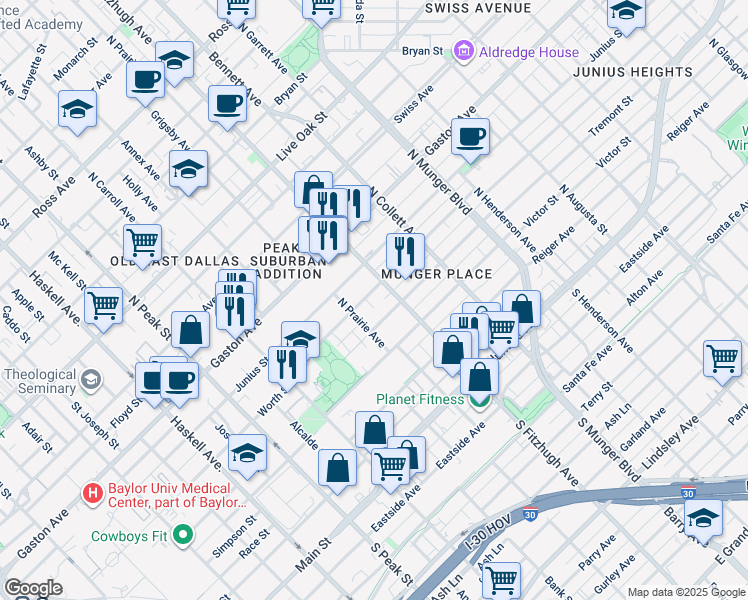 map of restaurants, bars, coffee shops, grocery stores, and more near 4812 Worth Street in Dallas