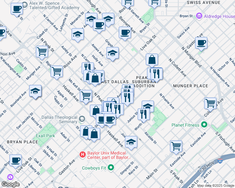 map of restaurants, bars, coffee shops, grocery stores, and more near 4409 Swiss Avenue in Dallas