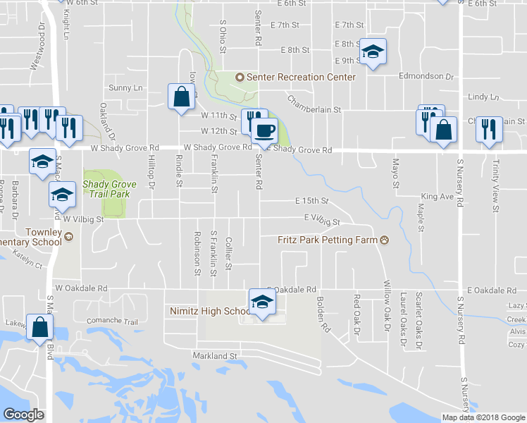 map of restaurants, bars, coffee shops, grocery stores, and more near 104 East Vilbig Street in Irving
