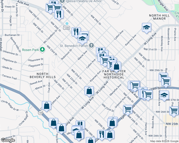 map of restaurants, bars, coffee shops, grocery stores, and more near 2805 Northwest 25th Street in Fort Worth
