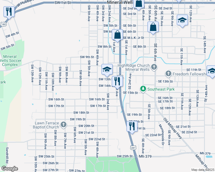 map of restaurants, bars, coffee shops, grocery stores, and more near 300 Southwest 15th Street in Mineral Wells