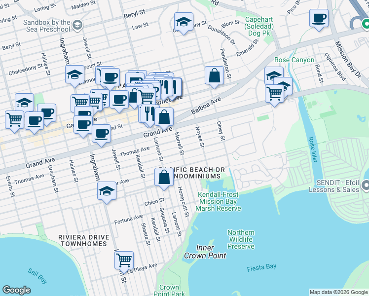 map of restaurants, bars, coffee shops, grocery stores, and more near 1972 Reed Avenue in San Diego