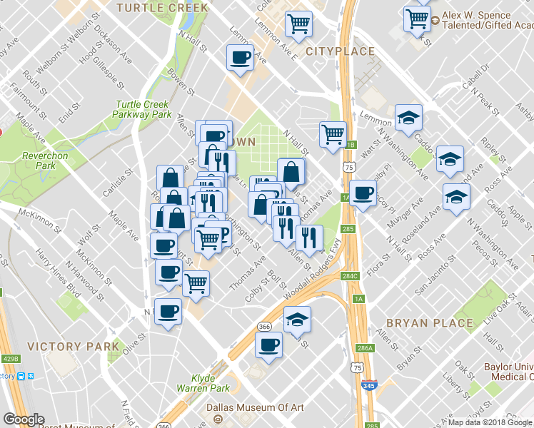 map of restaurants, bars, coffee shops, grocery stores, and more near 2410 Allen Street in Dallas