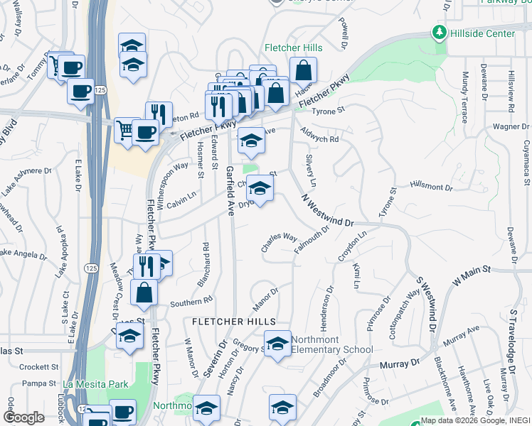 map of restaurants, bars, coffee shops, grocery stores, and more near 2321 Dryden Road in El Cajon