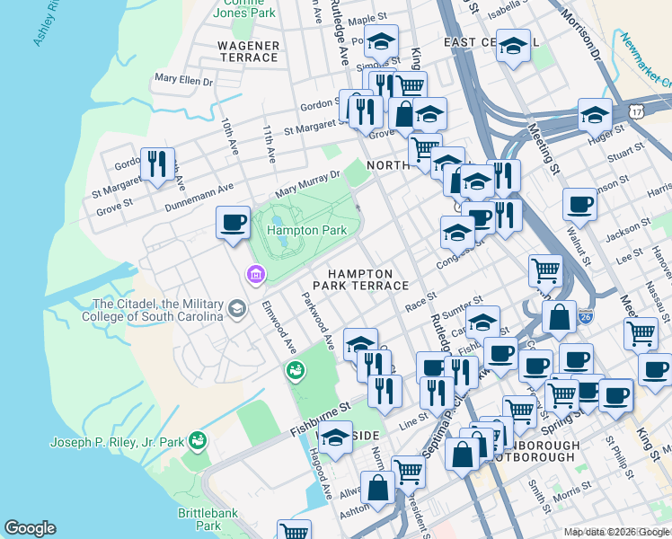 map of restaurants, bars, coffee shops, grocery stores, and more near 478 Huger Street in Charleston