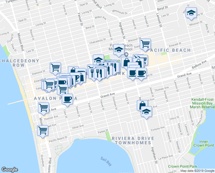 map of restaurants, bars, coffee shops, grocery stores, and more near 1367 Hornblend Street in San Diego