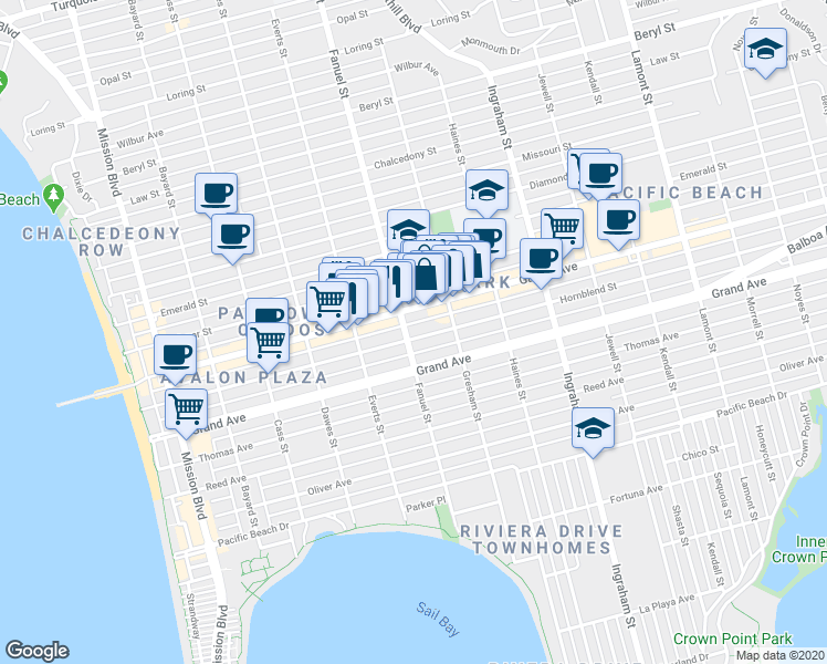 map of restaurants, bars, coffee shops, grocery stores, and more near 1261-69 Garnet Avenue in San Diego
