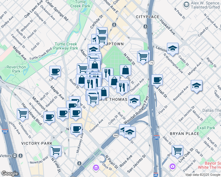 map of restaurants, bars, coffee shops, grocery stores, and more near 2455 Allen Street in Dallas