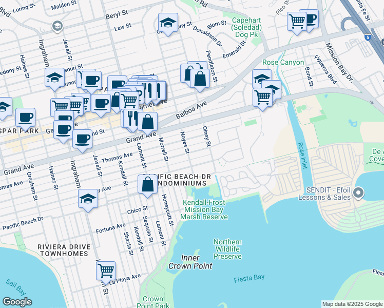 map of restaurants, bars, coffee shops, grocery stores, and more near 2140 Oliver Avenue in San Diego