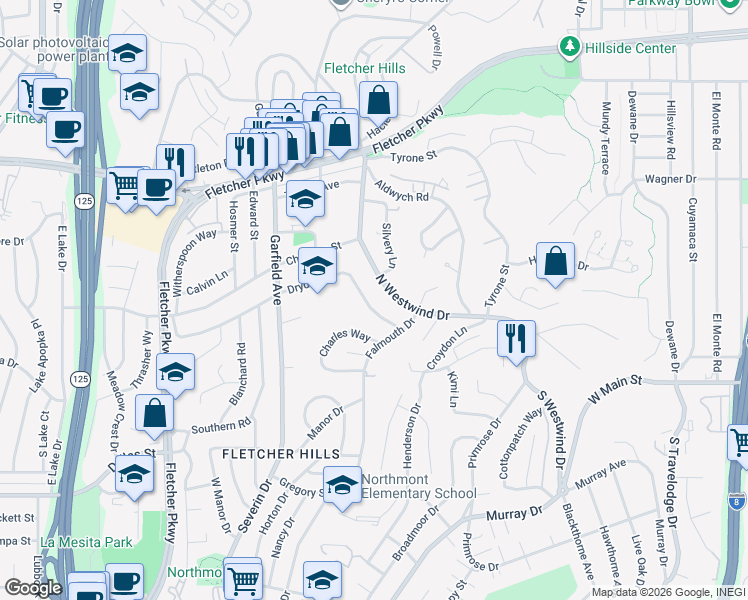 map of restaurants, bars, coffee shops, grocery stores, and more near 2112 Dryden Road in El Cajon