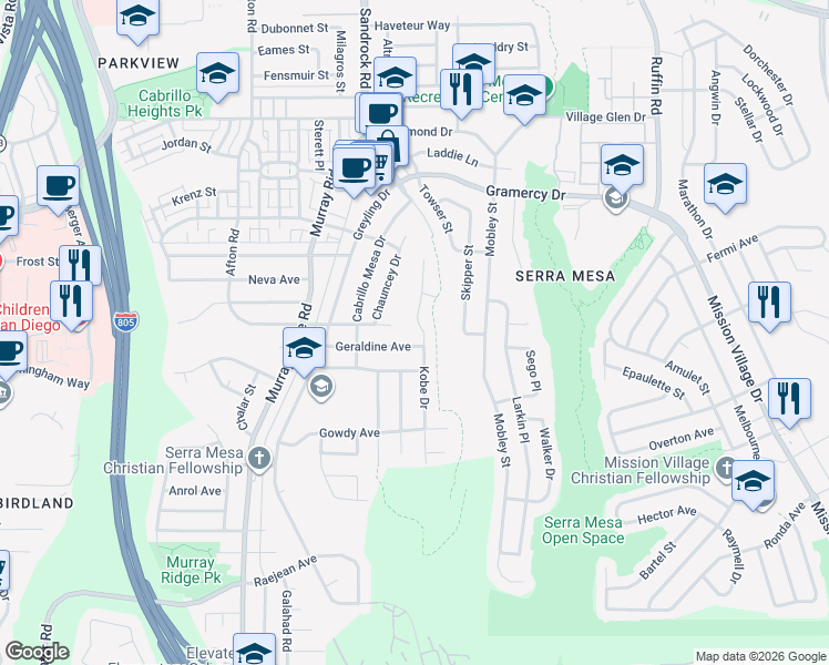map of restaurants, bars, coffee shops, grocery stores, and more near 8980 Geraldine Avenue in San Diego