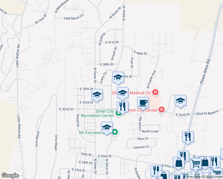map of restaurants, bars, coffee shops, grocery stores, and more near 3500 North Silver Street in Silver City