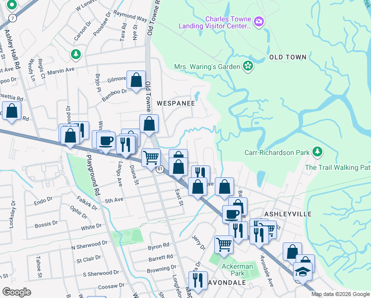 map of restaurants, bars, coffee shops, grocery stores, and more near 1102 North Hillside Drive in Charleston