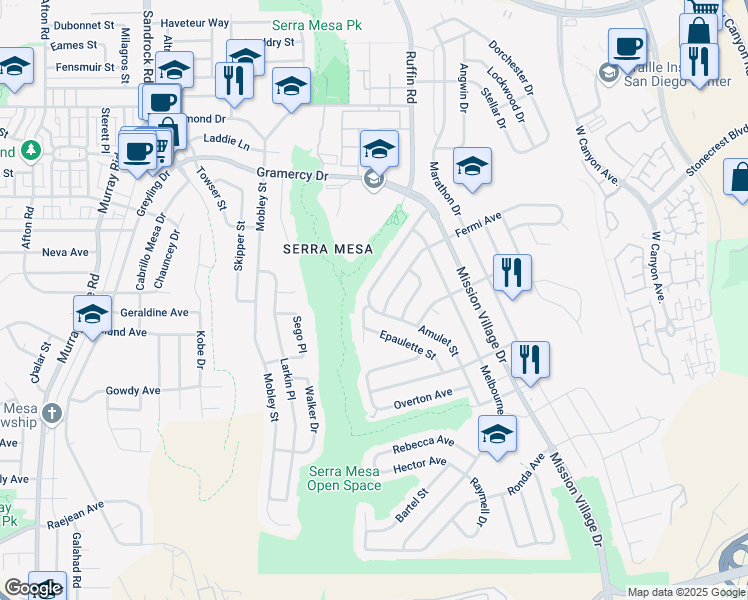 map of restaurants, bars, coffee shops, grocery stores, and more near 2975 Admiral Avenue in San Diego