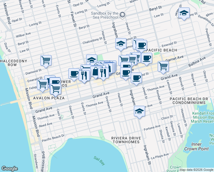 map of restaurants, bars, coffee shops, grocery stores, and more near 1419 Hornblend Street in San Diego