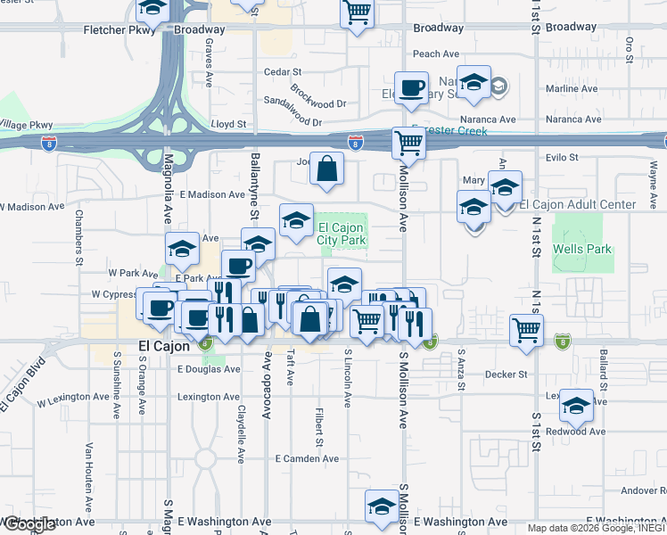 map of restaurants, bars, coffee shops, grocery stores, and more near 296 Roanoke Road in El Cajon
