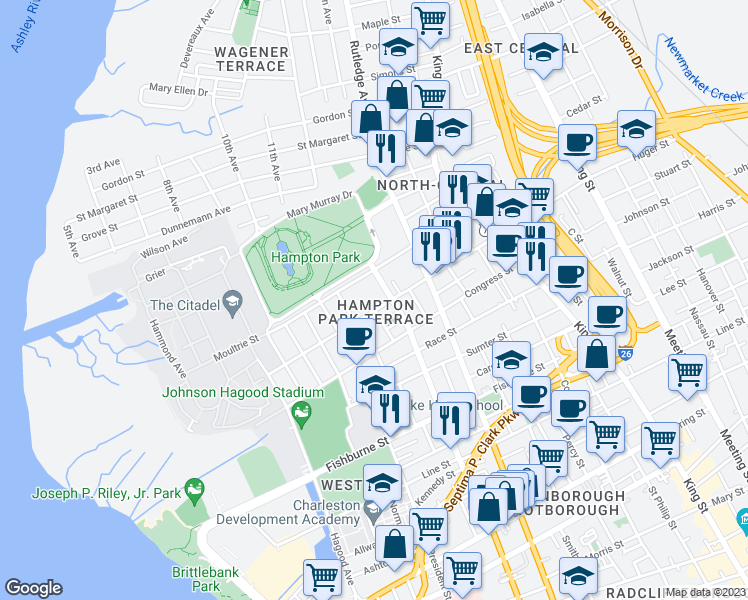 map of restaurants, bars, coffee shops, grocery stores, and more near 6 North Allan Park in Charleston