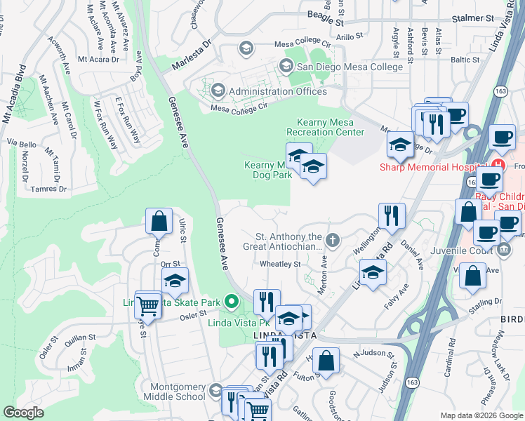map of restaurants, bars, coffee shops, grocery stores, and more near 6969 Park Mesa Way in San Diego