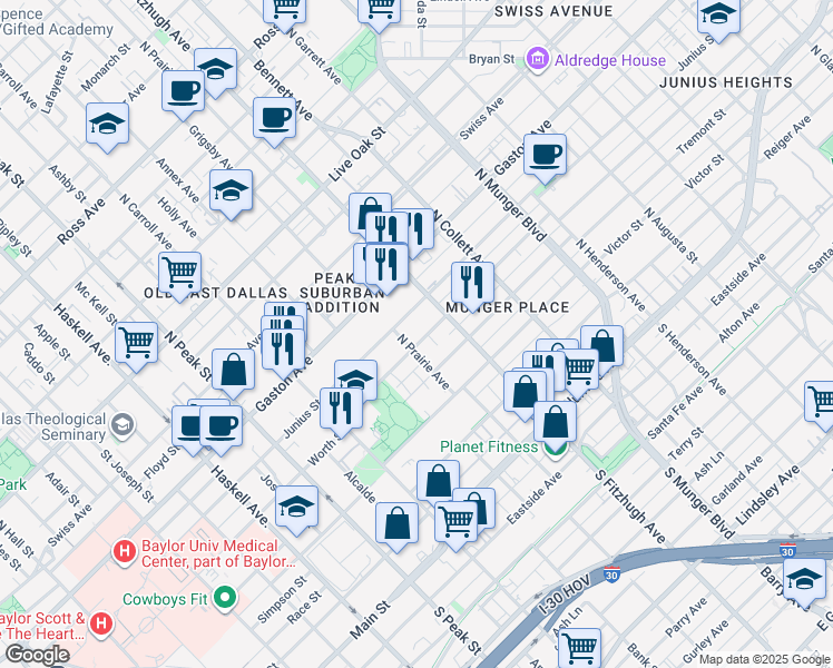 map of restaurants, bars, coffee shops, grocery stores, and more near 4812 Worth Street in Dallas