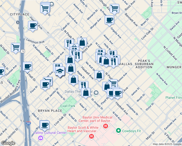 map of restaurants, bars, coffee shops, grocery stores, and more near 1403 North Haskell Avenue in Dallas