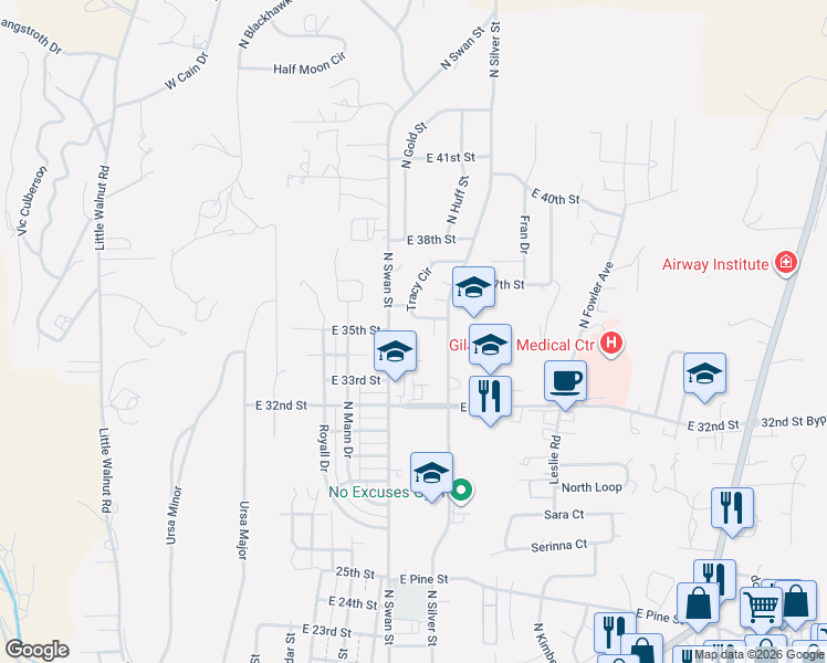 map of restaurants, bars, coffee shops, grocery stores, and more near 617 E 34th St in Silver City