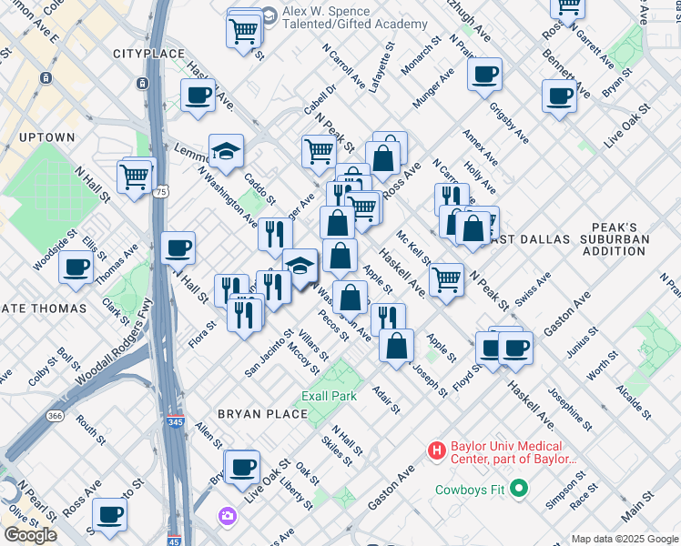 map of restaurants, bars, coffee shops, grocery stores, and more near 1602 Soho Lane in Dallas