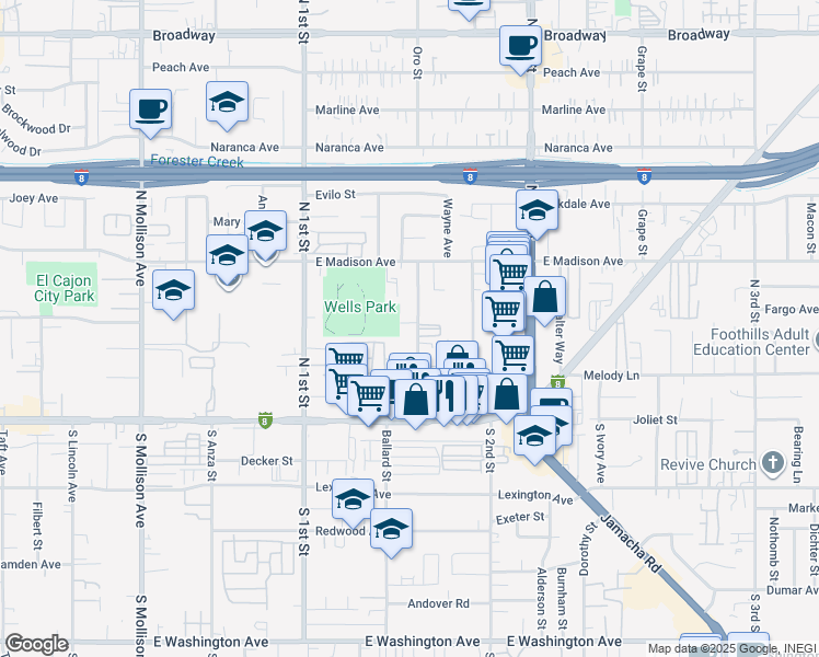 map of restaurants, bars, coffee shops, grocery stores, and more near 299 Orlando Street in El Cajon