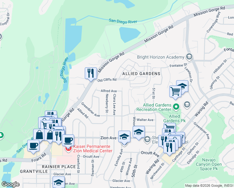 map of restaurants, bars, coffee shops, grocery stores, and more near 6869 Clara Lee Avenue in San Diego