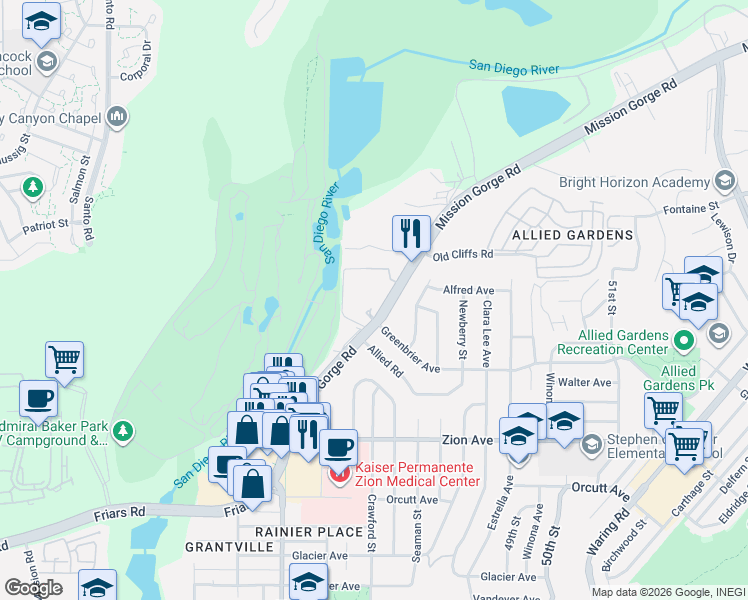 map of restaurants, bars, coffee shops, grocery stores, and more near 6850 Mission Gorge Road in San Diego