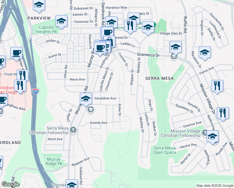 map of restaurants, bars, coffee shops, grocery stores, and more near 8980 Geraldine Avenue in San Diego