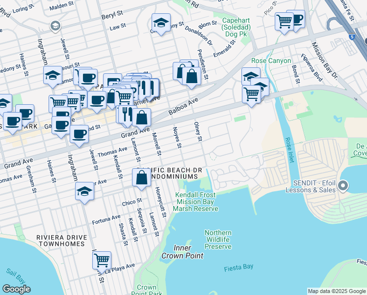 map of restaurants, bars, coffee shops, grocery stores, and more near 2140 Oliver Avenue in San Diego