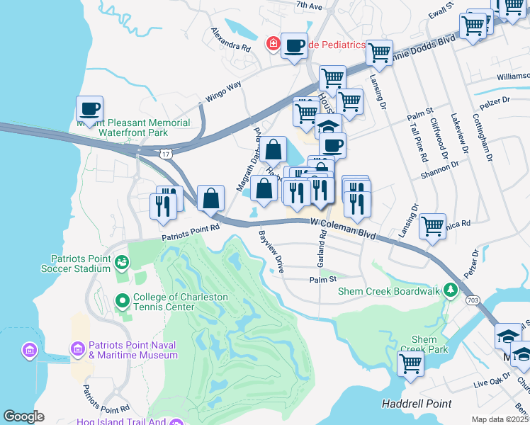 map of restaurants, bars, coffee shops, grocery stores, and more near 222 West Coleman Boulevard in Mount Pleasant