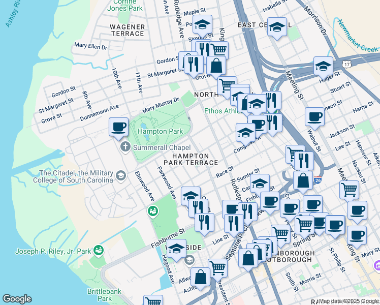 map of restaurants, bars, coffee shops, grocery stores, and more near 6 North Allan Park in Charleston