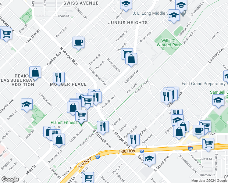 map of restaurants, bars, coffee shops, grocery stores, and more near 5221 Eastside Avenue in Dallas