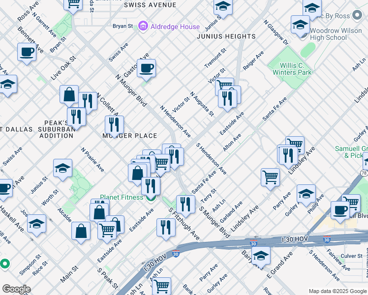 map of restaurants, bars, coffee shops, grocery stores, and more near in Dallas