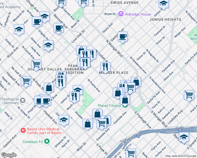 map of restaurants, bars, coffee shops, grocery stores, and more near 4812 Worth Street in Dallas