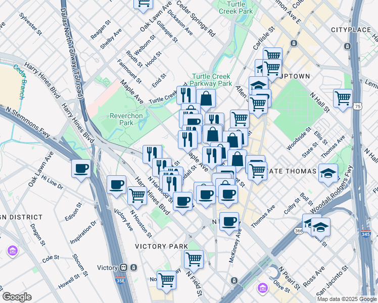 map of restaurants, bars, coffee shops, grocery stores, and more near in Dallas