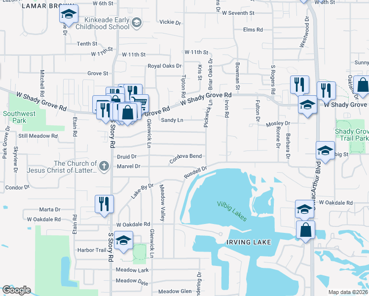 map of restaurants, bars, coffee shops, grocery stores, and more near 1929 Cordova Bend in Irving