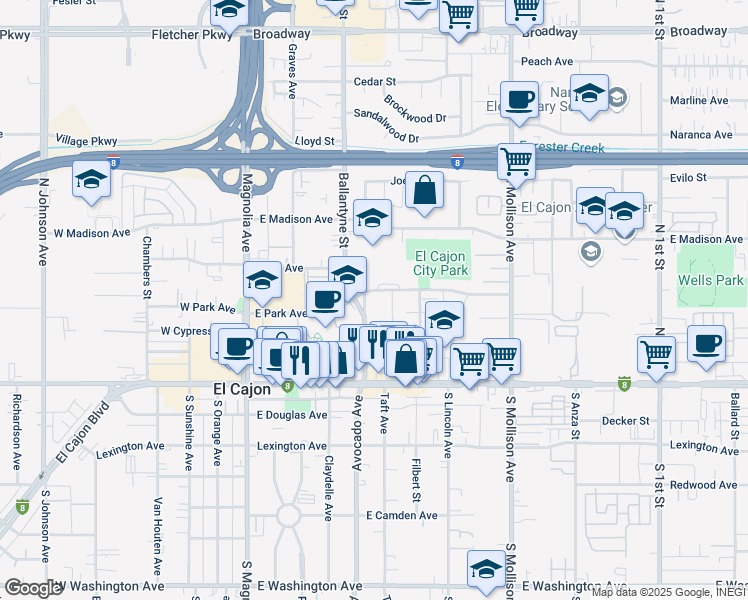 map of restaurants, bars, coffee shops, grocery stores, and more near 437 East Park Avenue in El Cajon