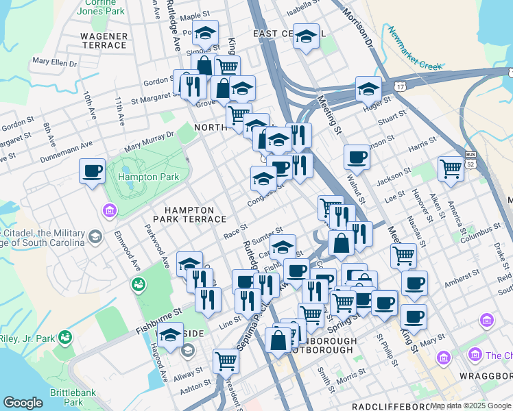 map of restaurants, bars, coffee shops, grocery stores, and more near 129 Congress Street in Charleston