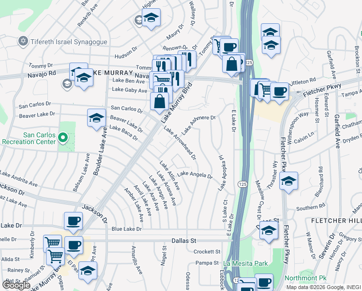 map of restaurants, bars, coffee shops, grocery stores, and more near 6440 Lake Arrowhead Drive in San Diego