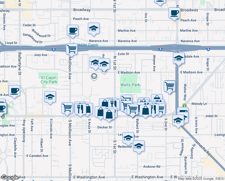 map of restaurants, bars, coffee shops, grocery stores, and more near 330 North 1st Street in El Cajon