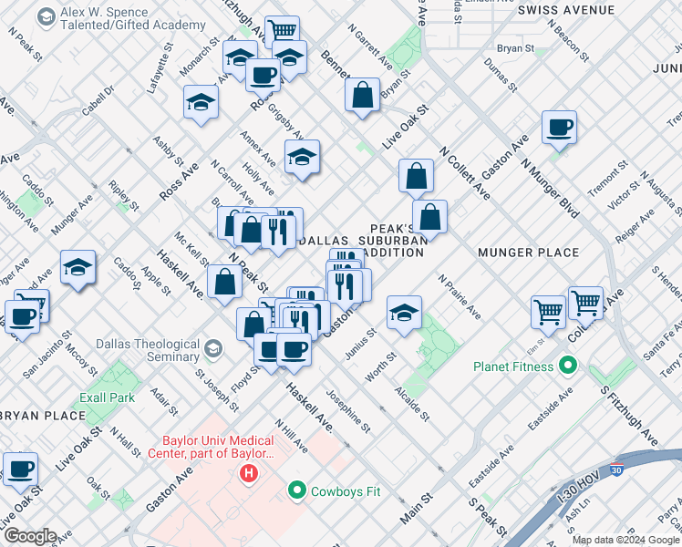 map of restaurants, bars, coffee shops, grocery stores, and more near 1000 North Carroll Avenue in Dallas
